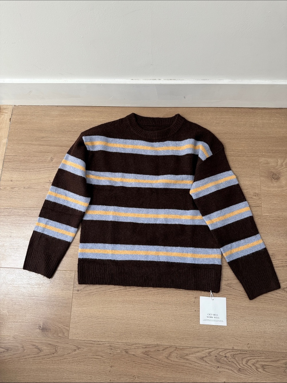Brown Crewneck Sweater with Blue and Yellow Stripes